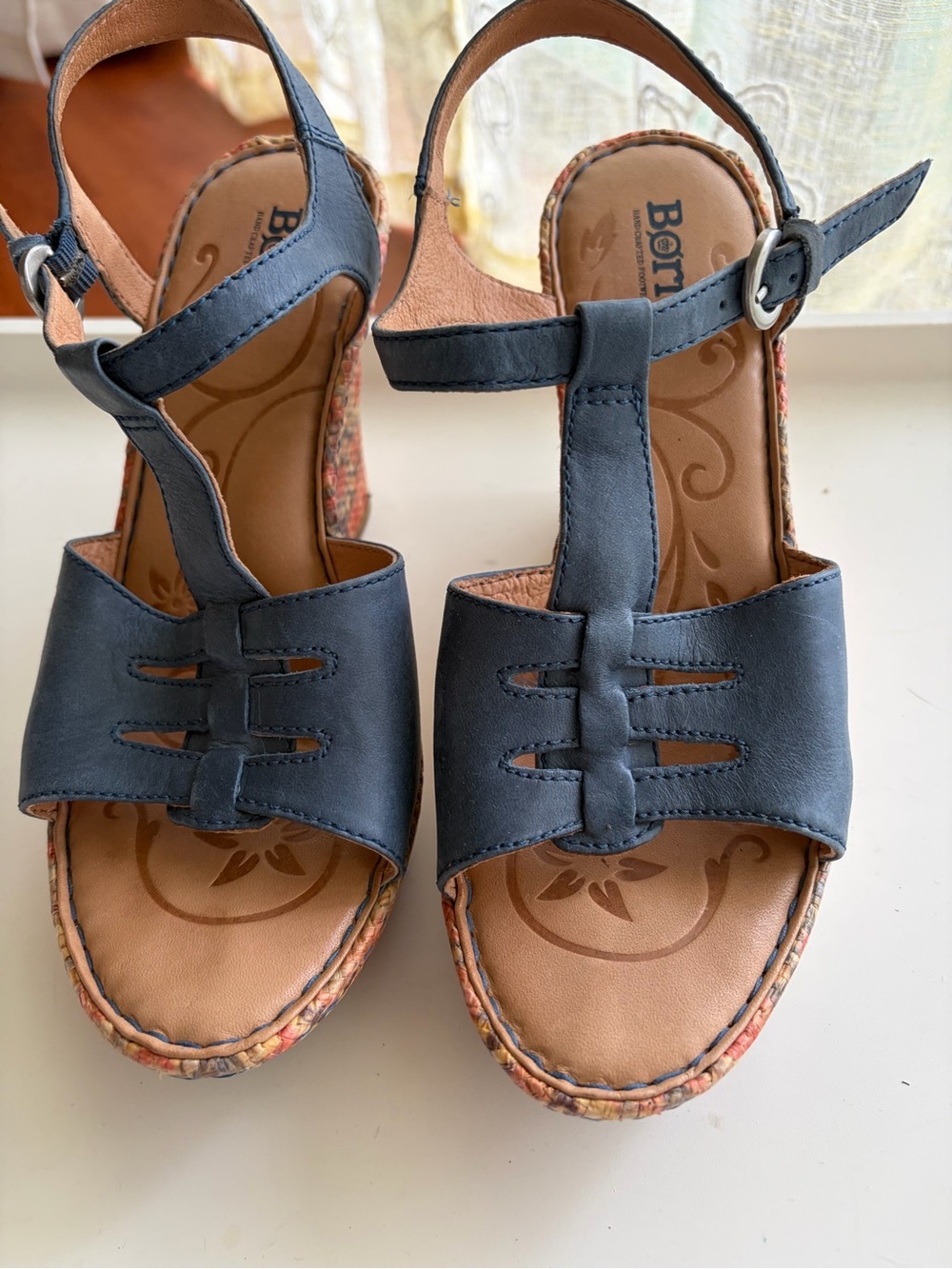 Born Navy T-Strap Wedge Sandals with Braided Trim - Picture 2 of 10
